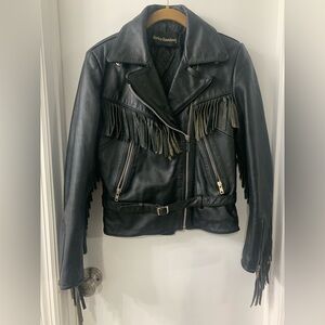 Harley Davidson Black Fringe Leather Jacket 34W Biker Motorcycle Women Vintage